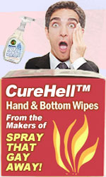 Spray that Gay Away with CureHell™ and Gay Away!  Sanitize your family from Gay demons!